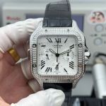 Santos De Cartier 7750 Movement White Face Diamond Bezel Black Leather Strap Watch